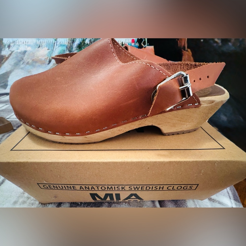 MIA Brown Leather Mules with Wooden Sole. Wore 2 times.